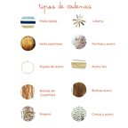 Tipos de cadena: malla tejida, liberty, seda japonesa, perlitas y acero, rígida, acero liso, bolitas, rosario y cristal