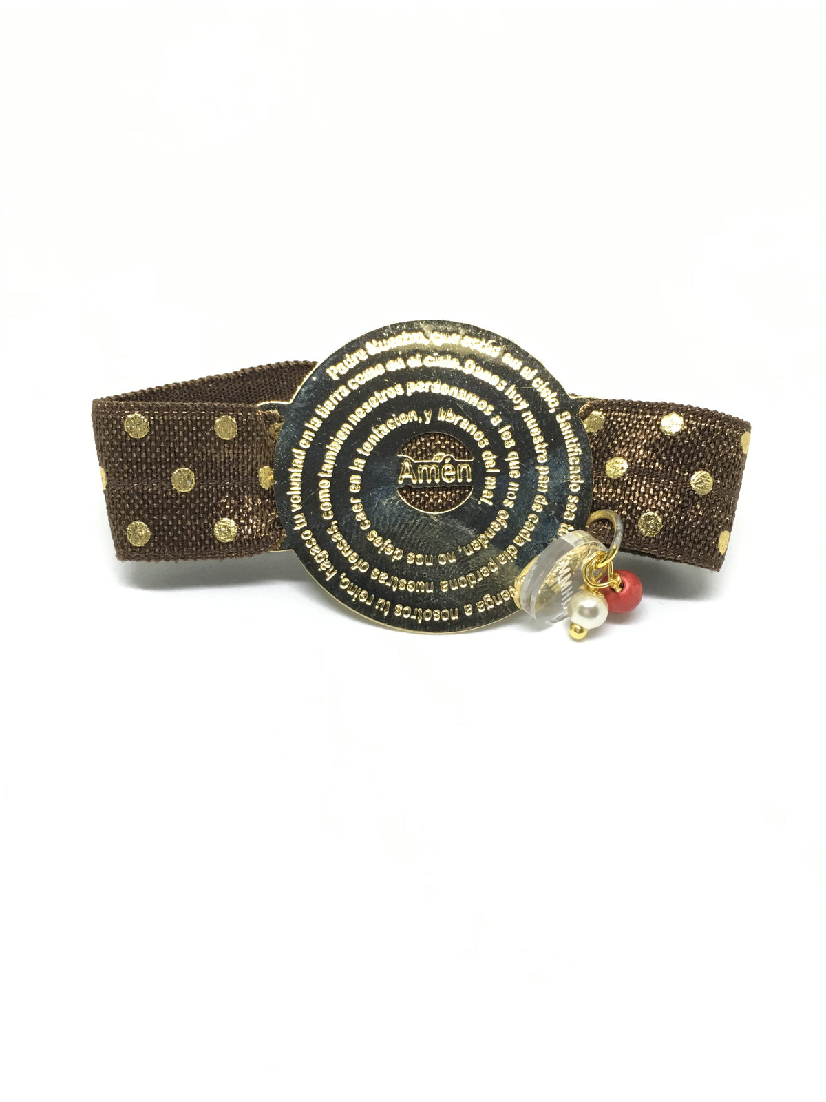 Pulsera elástica marrón de topos dorados con medalla del Padre Nuestro en goldfilled