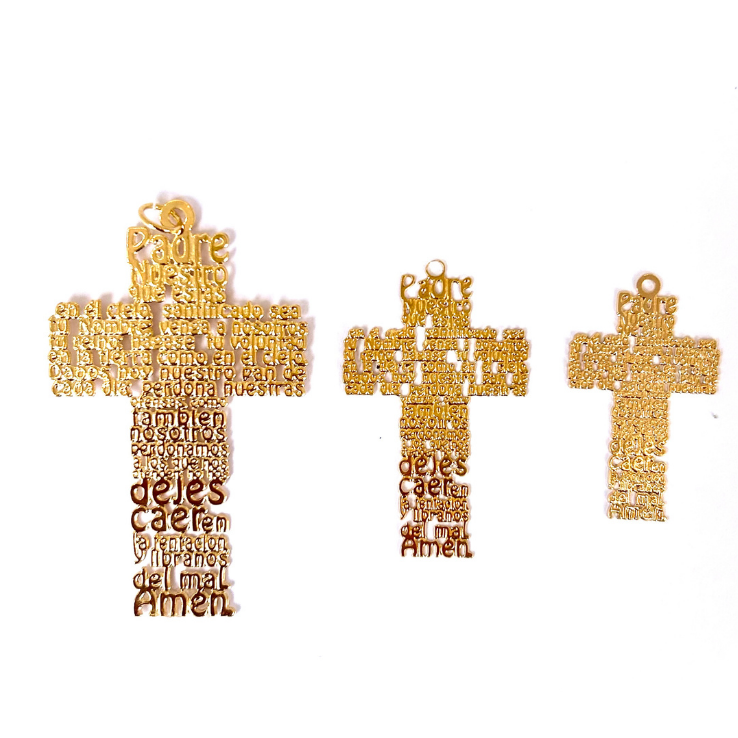 Cruces de goldfilled con la oración del Padre Nuestro en tres tamaños