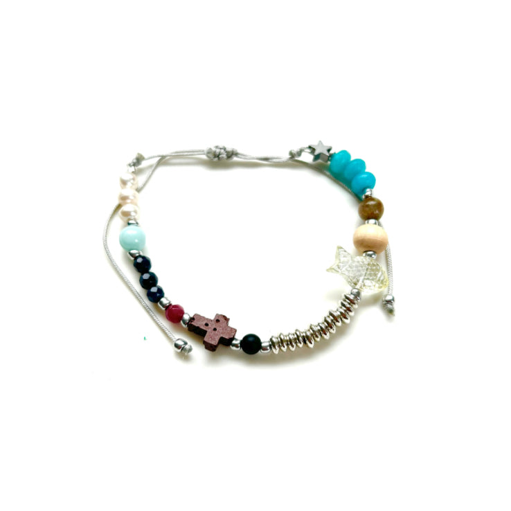 Pulsera Historia de Jesús con cuentas de colores, cruz de madera y paloma