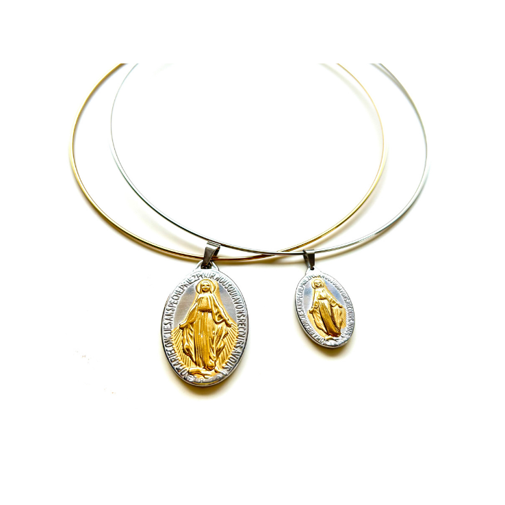 Chokers rígidos con Medalla Milagrosa de acero bicolor en dos tamaños