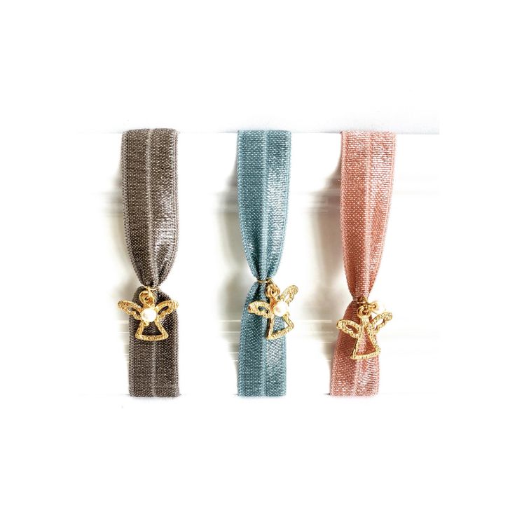 Pulseras elásticas gris, azul y rosa con angelito chapado