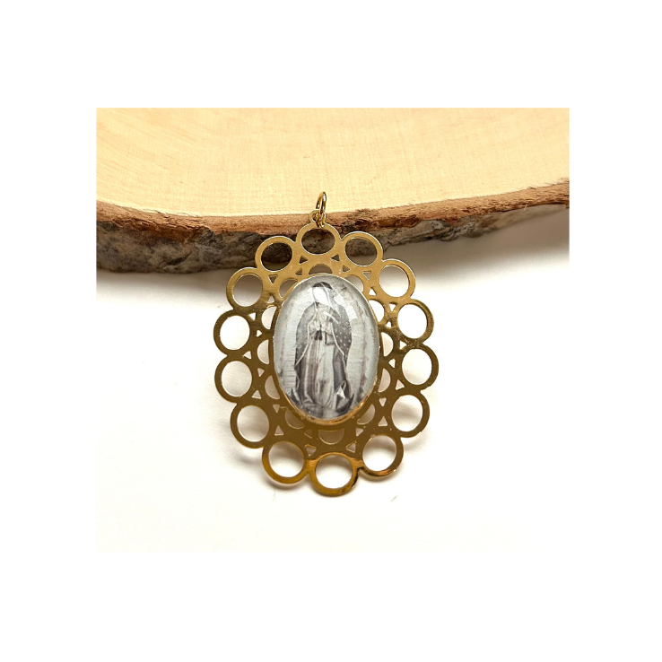Medalla de goldfilled de círculos con imagen de la Virgen en blanco y negro