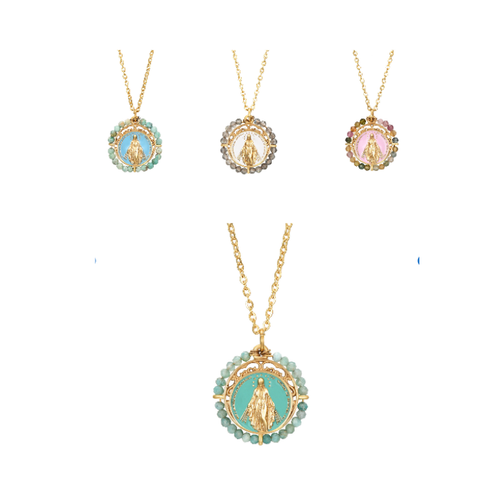 Medallas esmaltadas de la Virgen Milagrosa bordadas con cristales de varios colores